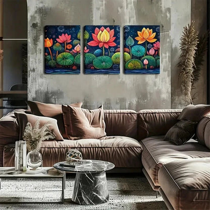 3pcs Colorful Lotus Flowers Triptychs Perfect Wall Art Set Canvas Framed 50x70cm - High Quality Print 100% Australian Made Wall Canvas Ready to Hang - Bella Home Decor