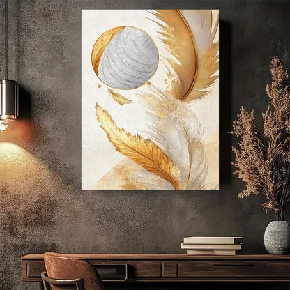 Beautiful Golden Feathers Abstract Painting 40x60cm Metal Print Ready to Hang - Bella Home Decor