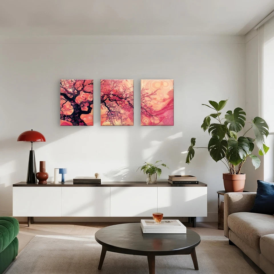3pcs Japanese Pink Cherry Blossom Tree Wall Art Set Canvas Framed 50x70cm - High Quality Print 100% Australian Made Wall Canvas Ready to Hang