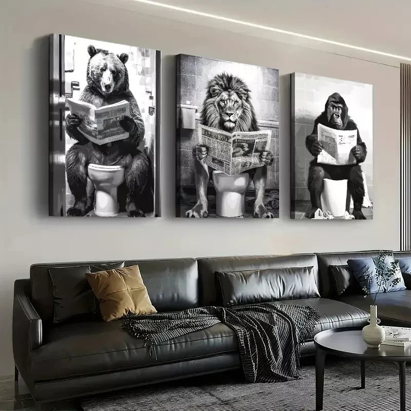 3pcs Black and White Fashion Animal Bathroom Wall Art Set Canvas Framed 50x70cm - High Quality Print 100% Australian Made Wall Canvas Ready to Hang