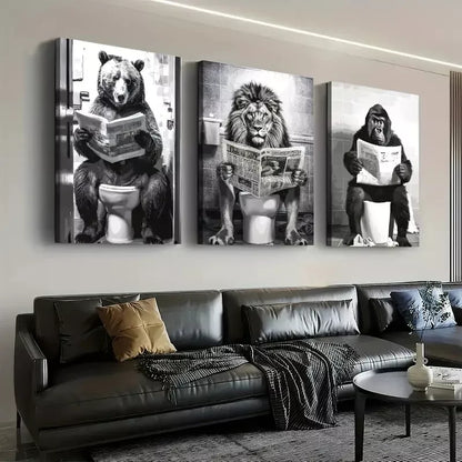3pcs Black and White Fashion Animal Bathroom Wall Art Set Canvas Framed 50x70cm - High Quality Print 100% Australian Made Wall Canvas Ready to Hang