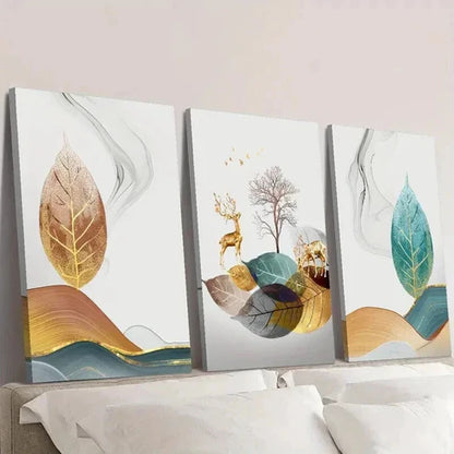3pcs Light Luxury Gilded Deer And Lucky Tree Wall Art Canvas Unframed - High Quality Print 100% Australian Made Wall Canvas