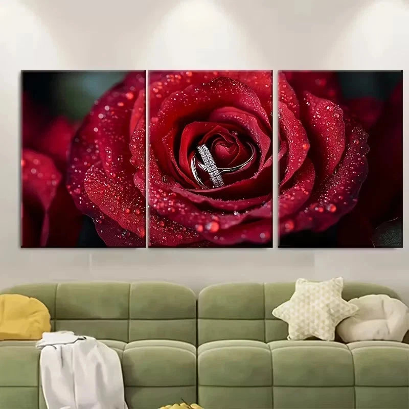 3pcs Elegant Red Rose with Wedding Rings Wall Art Set Canvas Framed 50x70cm - High Quality Print 100% Australian Made Wall Canvas Ready to Hang