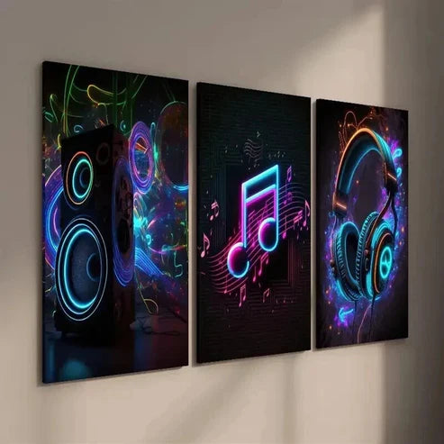 3pcs Neon Creative Audio Headphones Note Wall Art Set Canvas Unframed - High Quality Print 100% Australian Made Wall Canvas