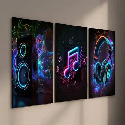 3pcs Neon Creative Audio Headphones Note Wall Art Set Canvas Unframed - High Quality Print 100% Australian Made Wall Canvas