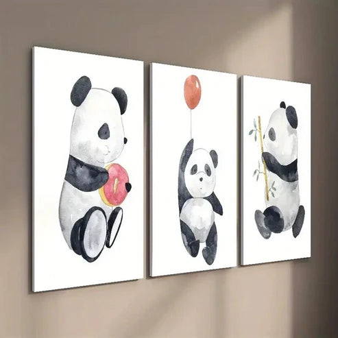 3pcs Adorable Panda with Donut Balloon & Bamboo Wall Art Set Canvas Unframed - High Quality Print 100% Australian Made Wall Canvas