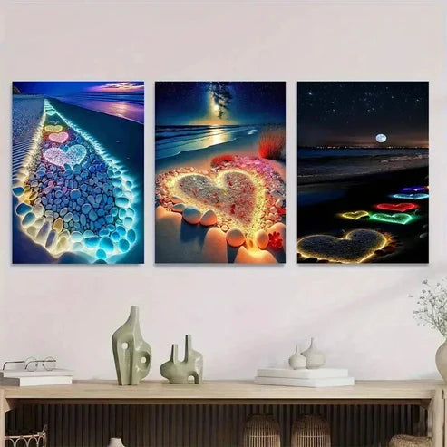 3pcs Vibrant Night Sky and Heart Stunning Wall Art Set Canvas Unframed - High Quality Print 100% Australian Made Wall Canvas