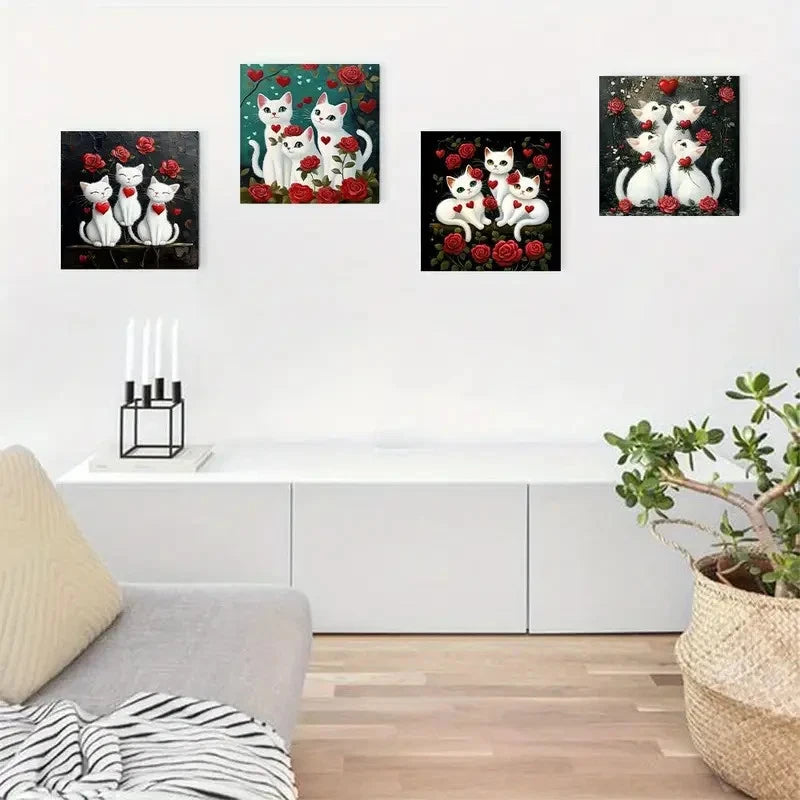4pcs Charming White Cat Red Rose Art Deco  Wall Art Canvas Framed
