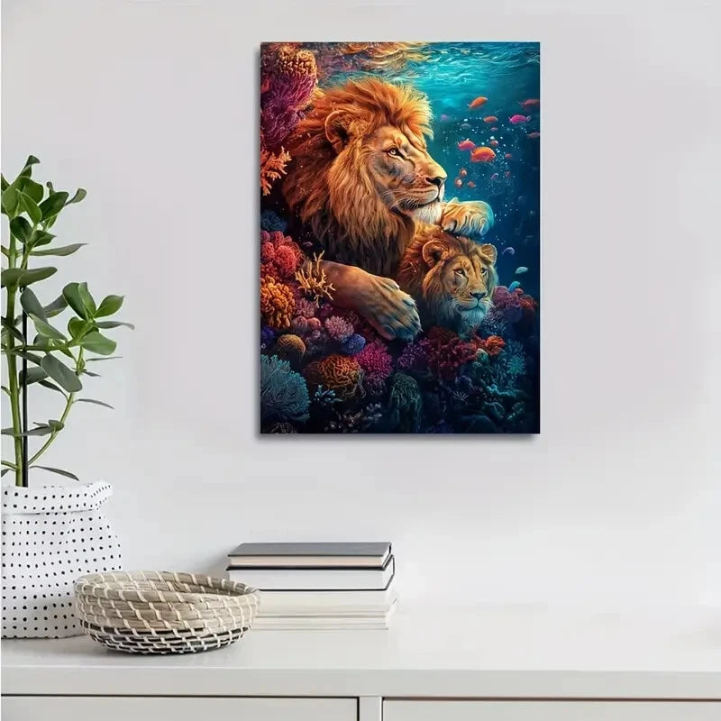 Underwater Coral Reef Scene Vibrant Lion Painting 40x60cm Metal Print Ready to Hang - Bella Home Decor