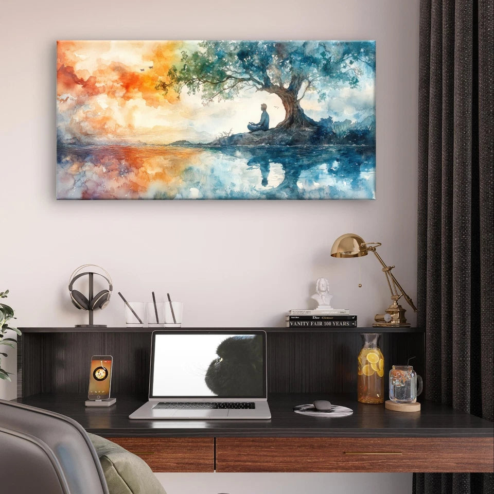 Meditating Under Tree Watercolour Wall Art Canvas Office Home Framed 120x60cm