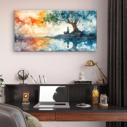Meditating Under Tree Watercolour Wall Art Canvas Office Home Framed 120x60cm