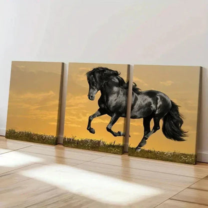 3pcs Elegant Black Horse with Golden Sky Wall Art Set Canvas Unframed - High Quality Print 100% Australian Made Wall Canvas