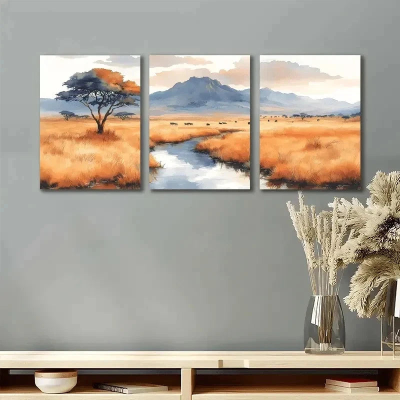 3pcs Serengetti National Park Painting  Wall Art Set Canvas Framed 60x90cm - High Quality Print 100% Australian Made Wall Canvas Ready to Hang