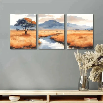 3pcs Serengetti National Park Painting  Wall Art Set Canvas Framed 60x90cm - High Quality Print 100% Australian Made Wall Canvas Ready to Hang