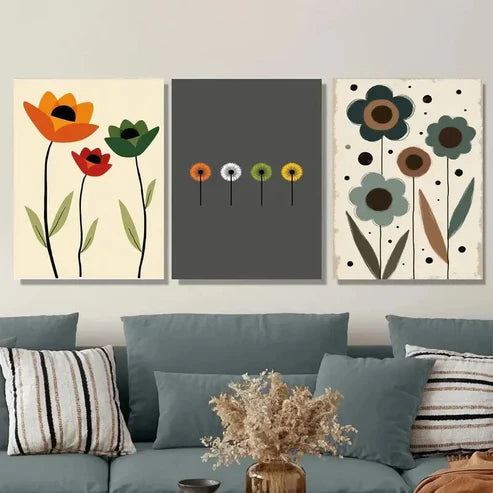 3pcs Modern Floral Vibrant Tulip, Dandelion Wall Art Set Canvas Unframed - High Quality Print 100% Australian Made Wall Canvas