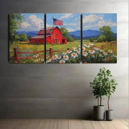 3pcs American Flag Red Barn & Floral Farmhouse Metal Print Ready to Hang Art - Bella Home Decor