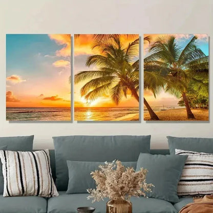 3pcs Vibrant Sunset Palm Tree Beach Sunset Wall Art Set Canvas Unframed - High Quality Print 100% Australian Made Wall Canvas
