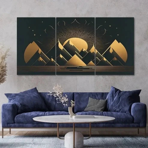 3pcs Golden & Black Triangular Mountain Wall Art Canvas Unframed - High Quality Print 100% Australian Made Wall Canvas - Bella Home Decor