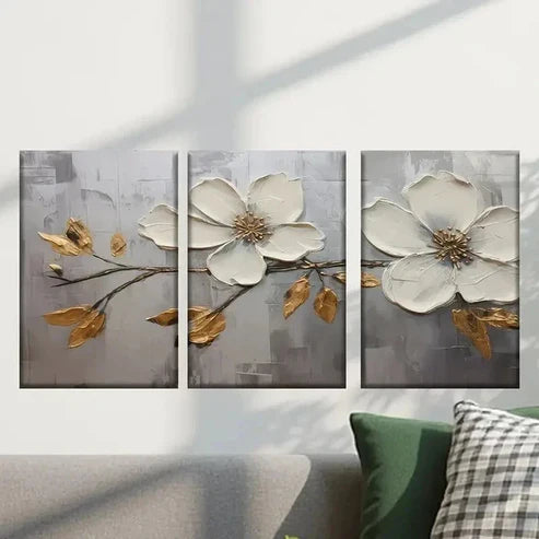 3pcs White Flower with Golden Leaves Wall Art Canvas Unframed - High Quality Print 100% Australian Made Wall Canvas