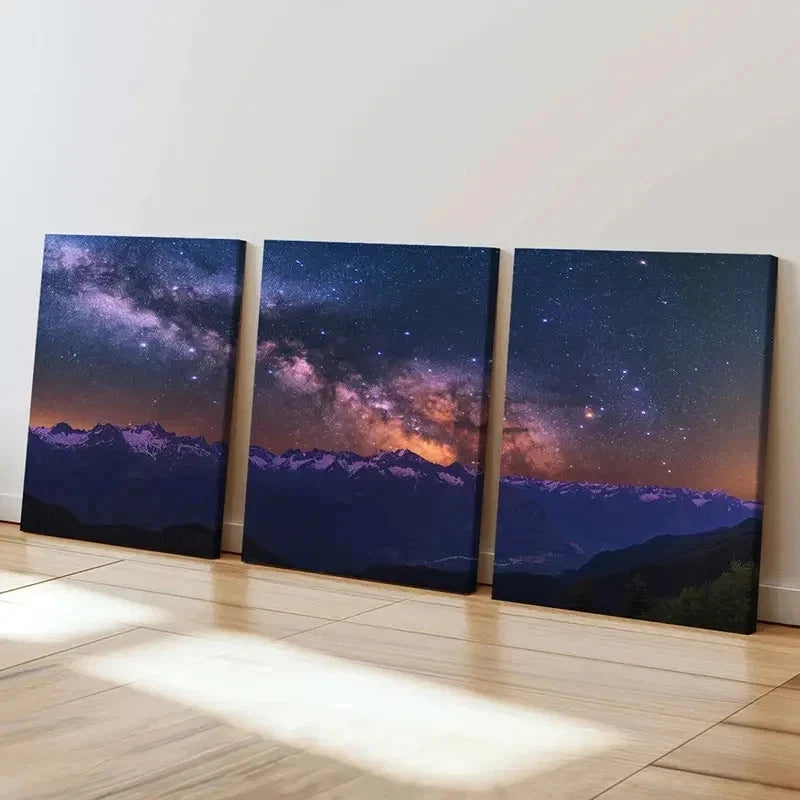 3pcs Mountains Under Stars Night View Wall Art Set Canvas Framed 50x70cm - High Quality Print 100% Australian Made Wall Canvas Ready to Hang