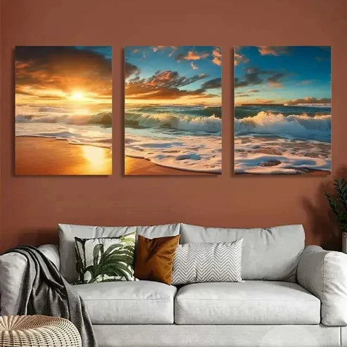 3pcs Ocean Waves & Sandy Shoreline, Modern Wall Art Set Canvas Unframed - High Quality Print 100% Australian Made Wall Canvas