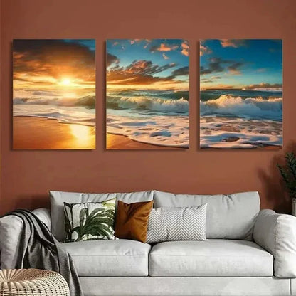 3pcs Ocean Waves & Sandy Shoreline, Modern Wall Art Set Canvas Unframed - High Quality Print 100% Australian Made Wall Canvas