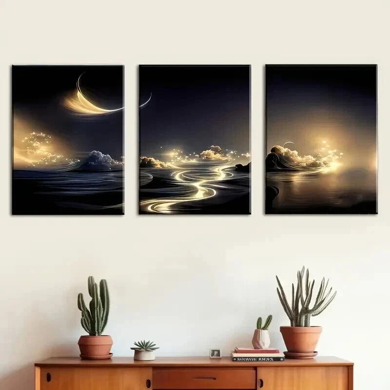 3pcs Featuring Golden Rivers And Starry Skies Wall Art Set Canvas Framed 50x70cm - High Quality Print 100% Australian Made Wall Canvas Ready to Hang - Bella Home Decor