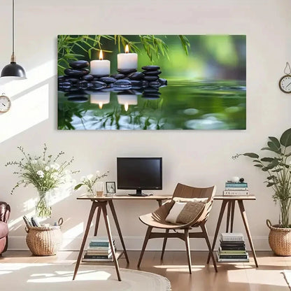 Tranquil Water & Stone Candles Wall Art Canvas Office Home Room Framed 120x60cm - Bella Home Decor
