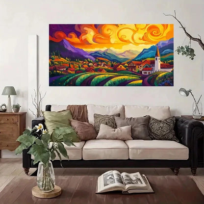 Vibrant Village Landscape Wall Art Canvas Office Home Room Framed 120x60cm