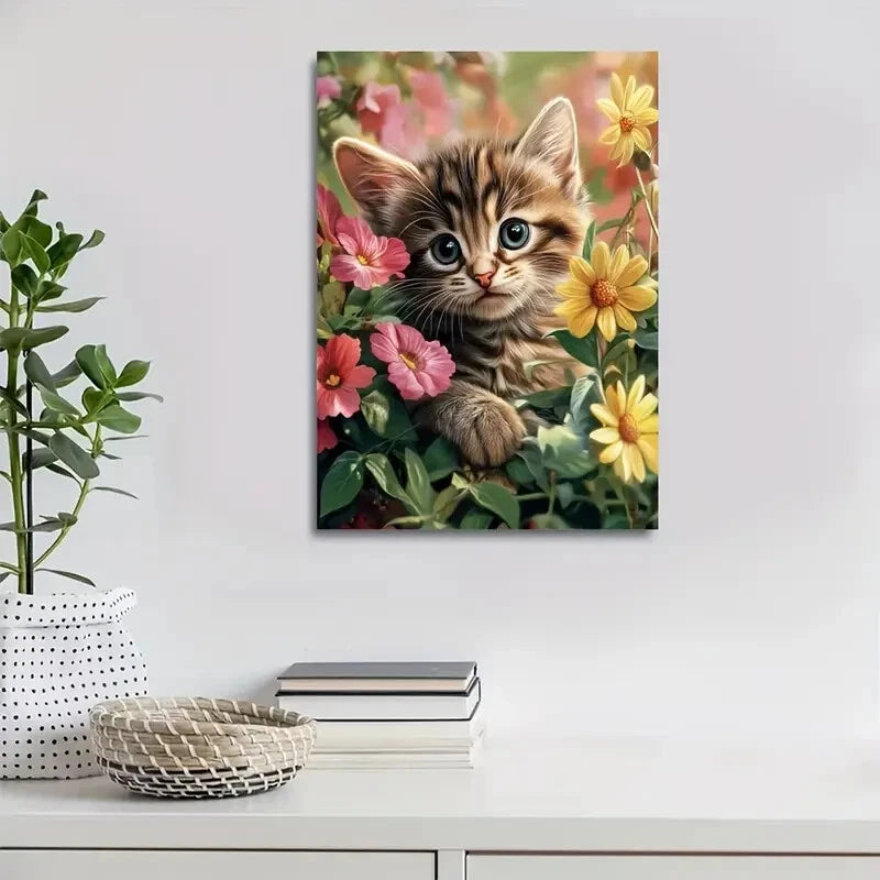 Flowers And Plants Cute Tabby Kitten Painting 40x60cm Metal Print Ready to Hang - Bella Home Decor