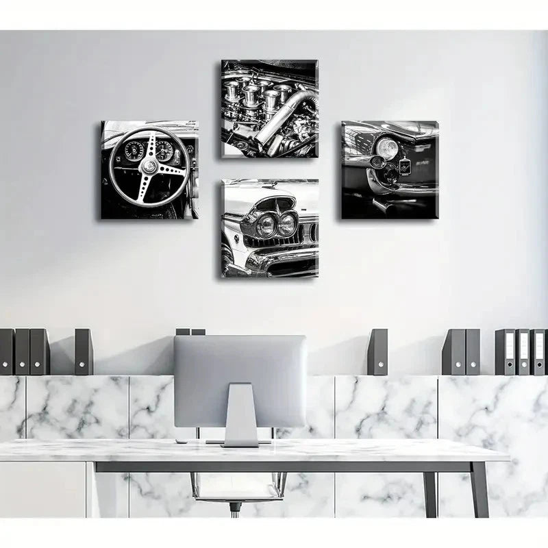 4pcs Black And White Wall Art Vintage CarWall Art Canvas Framed - Bella Home Decor