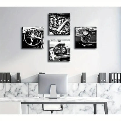 4pcs Black And White Wall Art Vintage CarWall Art Canvas Framed - Bella Home Decor