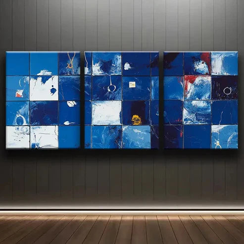 3pcs Blue and White in the Grid Light Perfect  Wall Art Set Canvas Unframed - High Quality Print 100% Australian Made Wall Canvas - Bella Home Decor