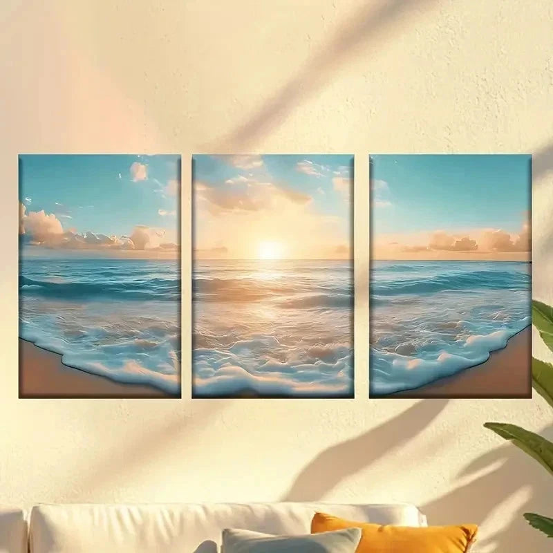 3pcs Beach with Waves And a Boat Wall Art Set Canvas Framed 40x60cm - High Quality Print 100% Australian Made Wall Canvas Ready to Hang - Bella Home Decor