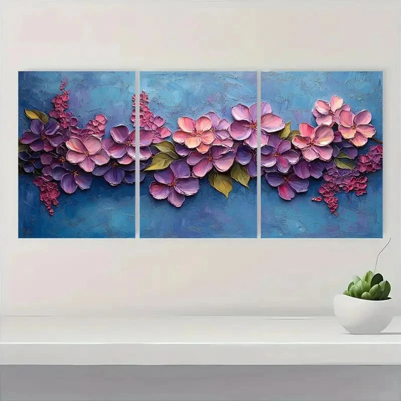 3pcs Purple Lilac Impasto Art  A   Wall Art Set Canvas Framed 50x70cm - High Quality Print 100% Australian Made Wall Canvas Ready to Hang