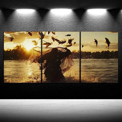 3pcs Fishermen Casting Nets Sunset Metal Print Ready to Hang Art - Bella Home Decor