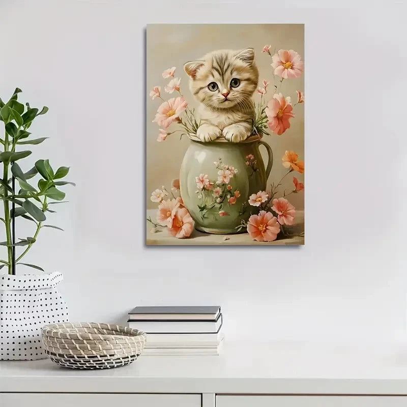 Cute Scottish Fold Kitten Among Flowers Painting 40x60cm Metal Print Ready to Hang