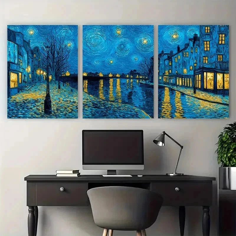 3pcs Van Gogh-Inspired Night Street Perfect Wall Art Set Canvas Framed 50x70cm - High Quality Print 100% Australian Made Wall Canvas Ready to Hang