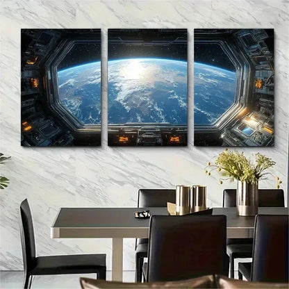 3pcs Space Station Window View Of Earth Perfect Wall Art Set Canvas Framed 50x70cm - High Quality Print 100% Australian Made Wall Canvas Ready to Hang