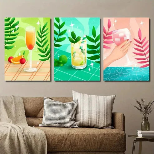 3pcs Vibrant Drink & Plant Leaf Designs Wall Art Set Canvas Unframed - High Quality Print 100% Australian Made Wall Canvas