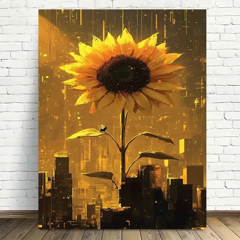 Beautiful Sunflower Cityscape Painting 40x60cm Metal Print Ready to Hang - Bella Home Decor