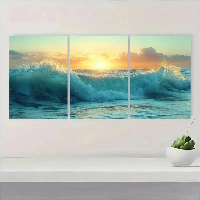 3pcs Green Nautical Beach Ocean Wave EU Wall Art Set Canvas Framed 40x60cm - High Quality Print 100% Australian Made Wall Canvas Ready to Hang