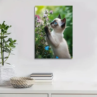 Cute Siamese Kitten Among Flowers And Plants Painting 40x60cm Metal Print Ready to Hang