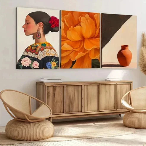 3pcs Mexican Art Marigold Mexican Woman Portrait Wall Art Canvas Unframed - High Quality Print 100% Australian Made Wall Canvas