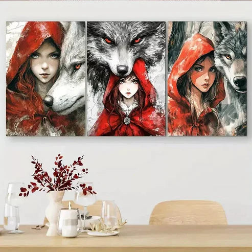 3 PCS Little Red Riding Hood And Wolves Triptych Wall Art Set Canvas Unframed - High Quality Print 100% Australian Made Wall Canvas