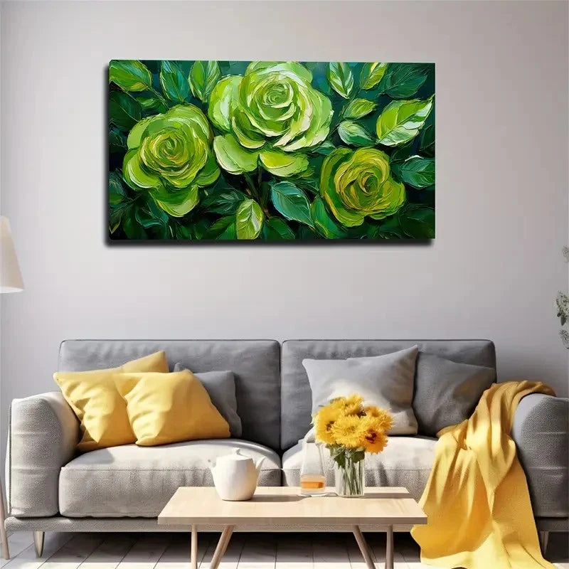 Vibrant Green Roses Wall Art Canvas Office Home Room Framed 120x60cm