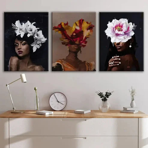 3pcs Fashion Portraits Floral Headpieces Black Wall Art Canvas Unframed - High Quality Print 100% Australian Made Wall Canvas