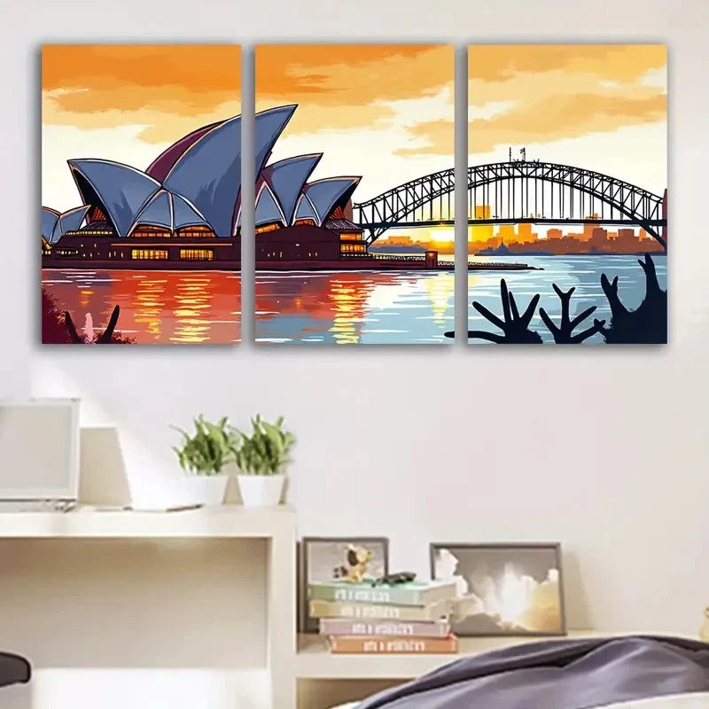 3pcs Sydney Harbour Evening Glow Wall Art Set Canvas Framed 50x70cm - High Quality Print 100% Australian Made Wall Canvas Ready to Hang