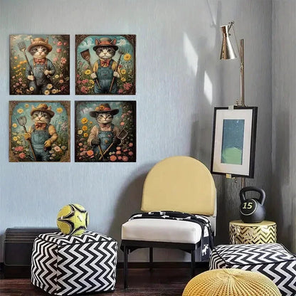 4pcs Vintage Cat GardenerWall Art Canvas Framed