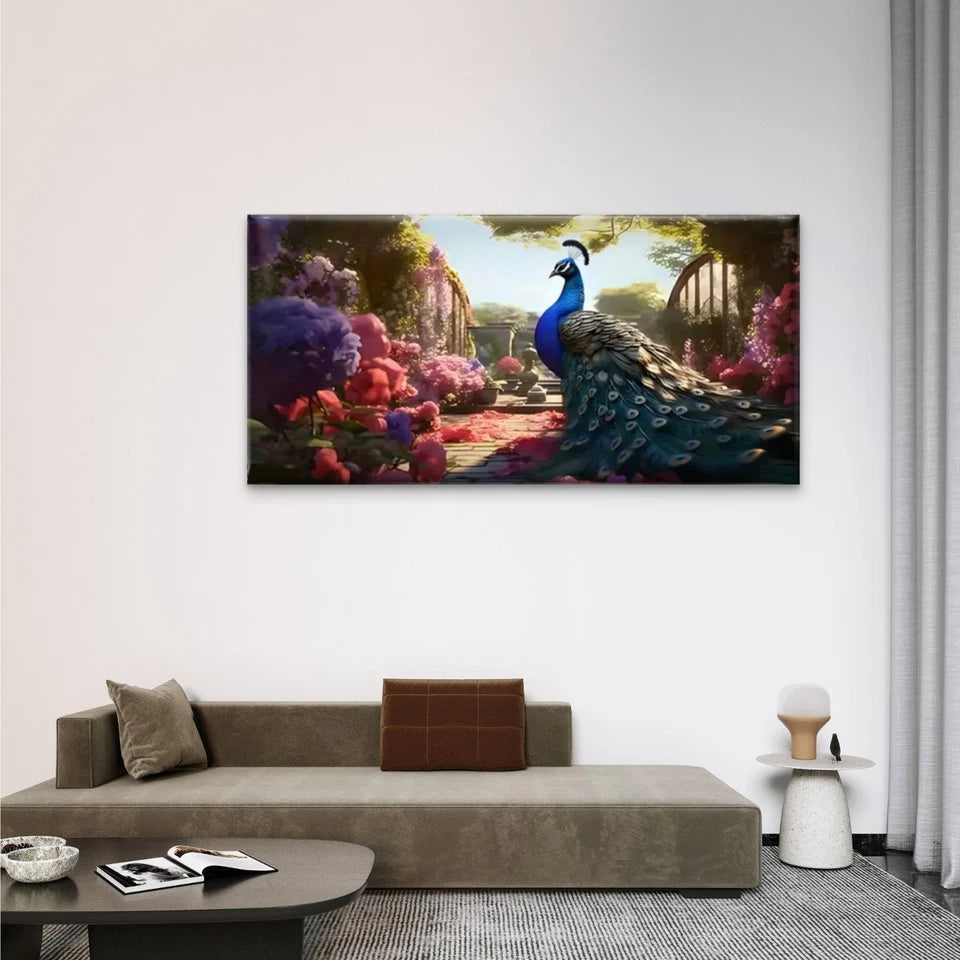 Peacocks Lush Green Field Wall Art Canvas Office Home Room Framed 120x60cm